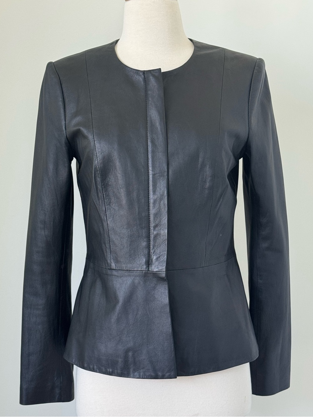 Theory Womens Black Leather Zip Peplum Jacket Long Sleeve Size 6